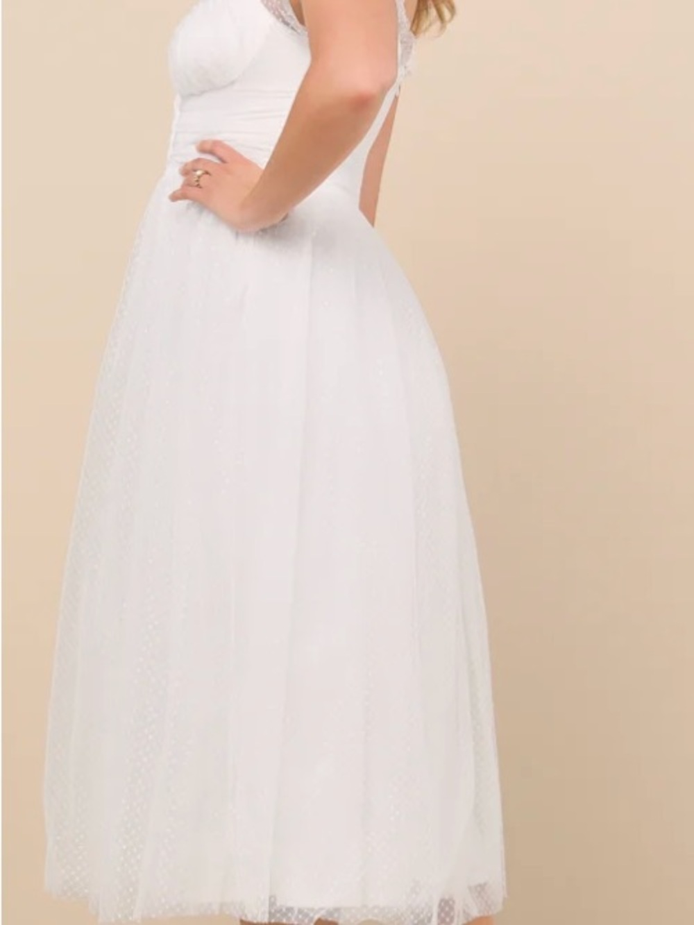 Lulus White Polka Dot Tulle Midi Dress M Square Neck Flutter Sleeve Zip - Picture 4 of 13